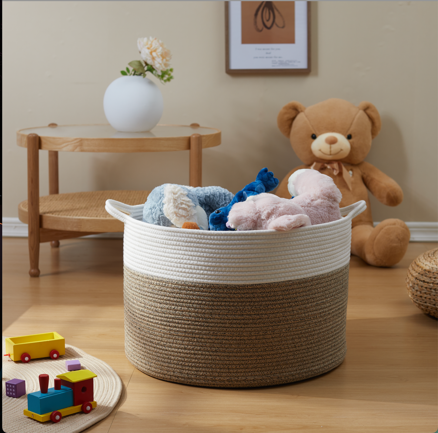 XXX Large Handmade Cotton Rope Storage Basket Laundry hamper: White & Beige / Large