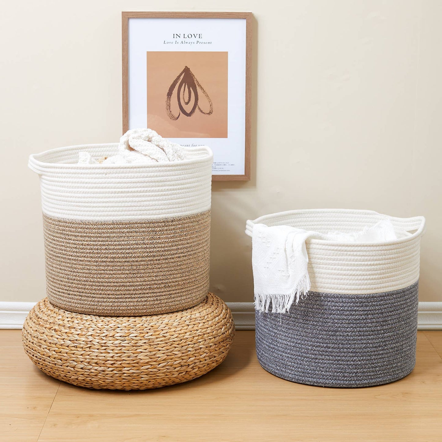 XXX Large Handmade Cotton Rope Storage Basket Laundry hamper: White & Beige / Extra Large