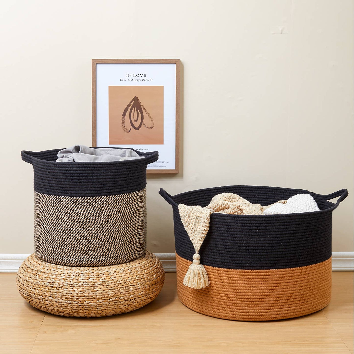 XXX Large Handmade Cotton Rope Storage Basket Laundry hamper: Black & Brown / Large