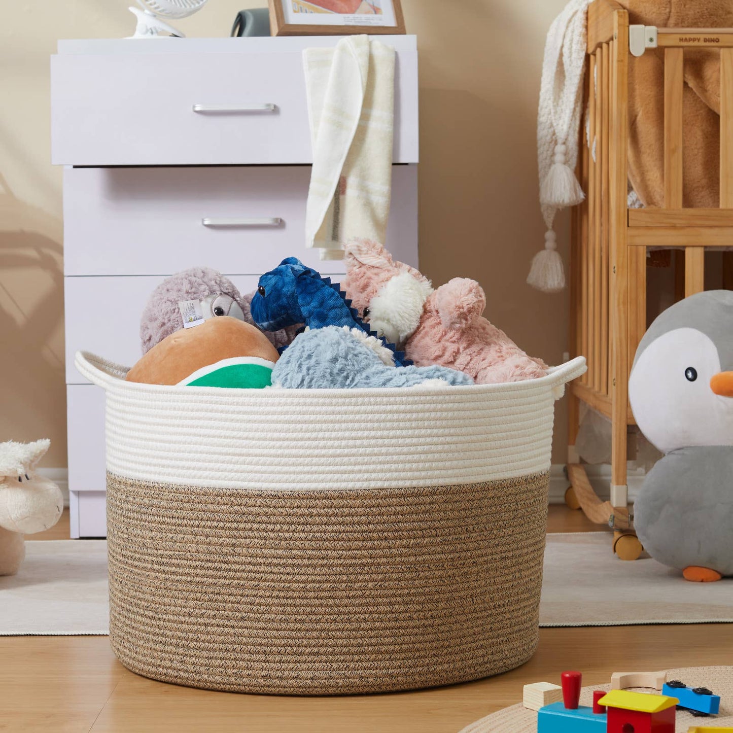 XXX Large Handmade Cotton Rope Storage Basket Laundry hamper: White & Beige / Large